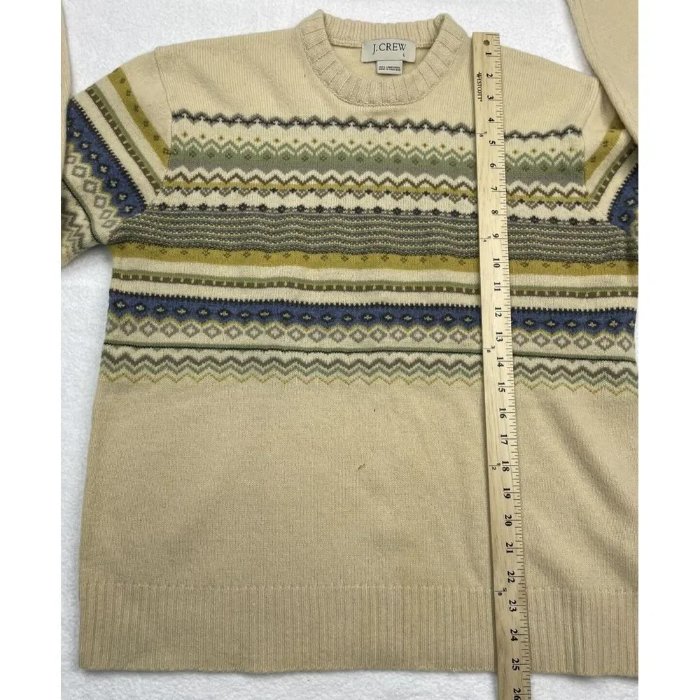 Vintage J Crew Men Cream 100% Lambswool L/S Fair Isle Sweater size‎ L.